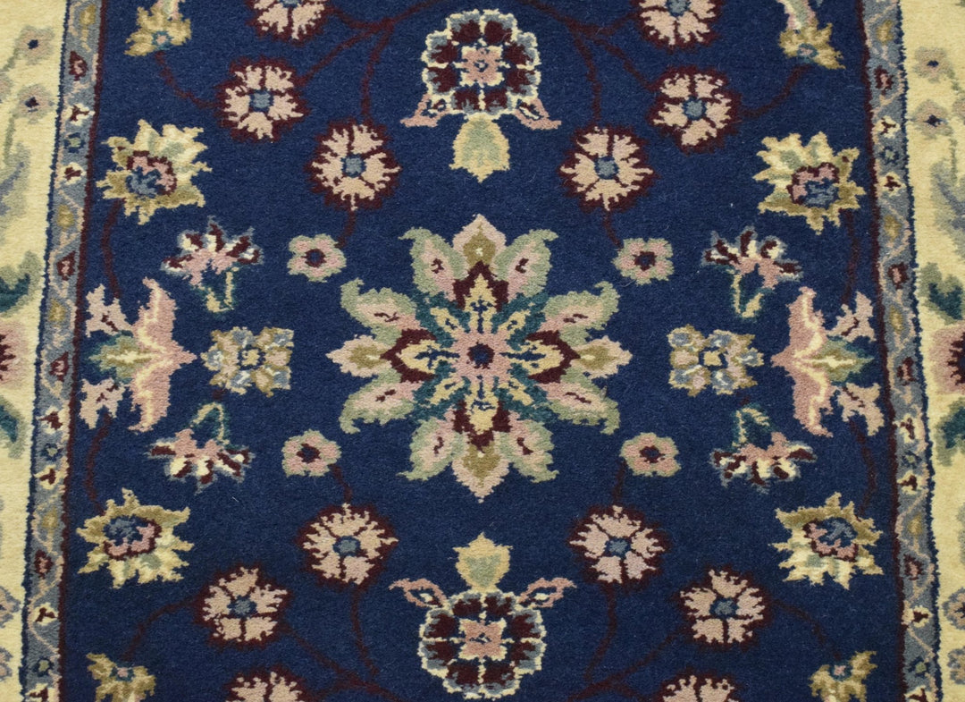 2.6x8 Blue and Beige Fine Runner Hand Knotted Area Rug | Floral Design Made with Fine Wool - The Rug Decor
