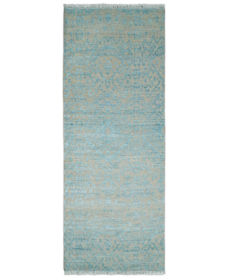 2.6x8 Fine Hand Knotted Camel and Blue Traditional Vintage Persian Style Antique Wool and Silk Rug | AGR26 - The Rug Decor