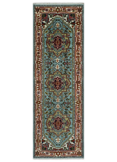 2.7x7.9 Traditional Mustard, Aqua and Ivory Hand knotted wool Area Rug - The Rug Decor