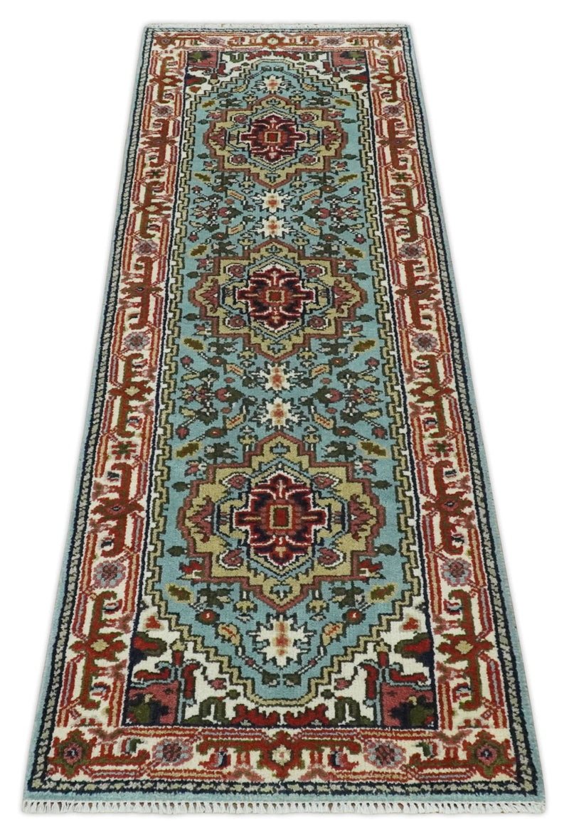 2.7x7.9 Traditional Mustard, Aqua and Ivory Hand knotted wool Area Rug - The Rug Decor