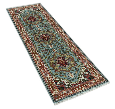 2.7x7.9 Traditional Mustard, Aqua and Ivory Hand knotted wool Area Rug - The Rug Decor