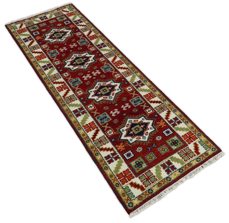 2.9x8 Hand Knotted Antique Kazak Runner Blue and Rust Traditional Tribal Armenian Rug | KZA6 - The Rug Decor