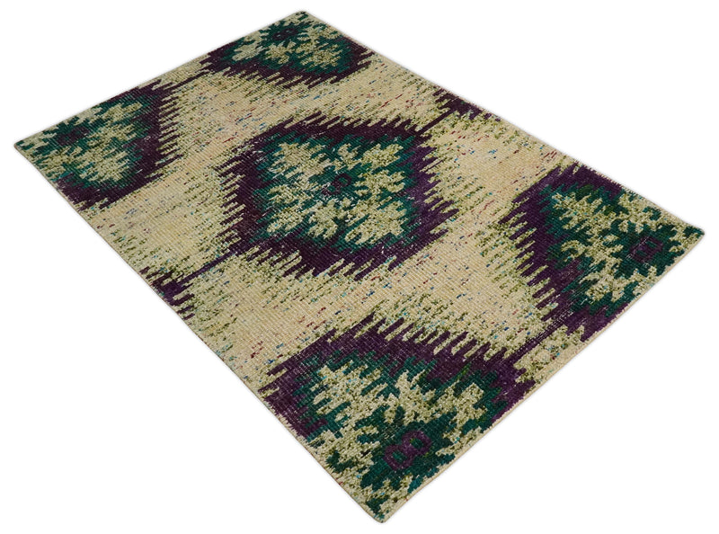 Hand Knotted 4x6 Beige, Violet and Green Persian made of Recycled Silk Area Rug | OP57