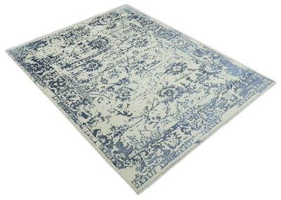 8x10 Hand knotted Ivory and Blue Traditional Abstract Persian Wool and Bamboo Silk Area Rug | TRDCP489810