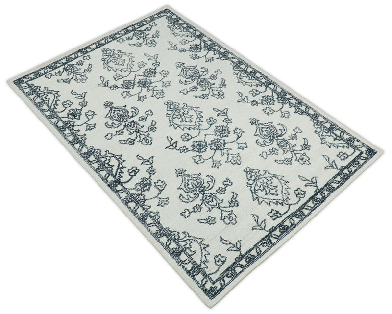 Hand Tufted White and Blue Traditional Large design oriental Wool Area Rug