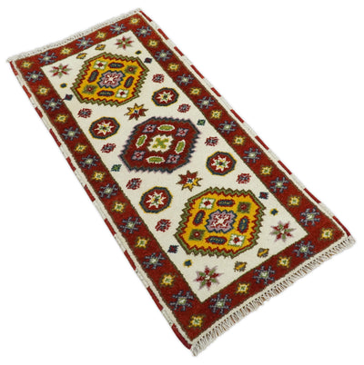 Runner 2x4 Ivory and Red Wool Hand Knotted traditional Persian Vintage Antique Southwestern Kazak | TRDCP29524