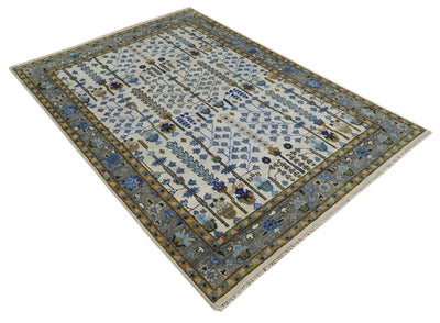 Custom Made Tree of life Hand Knotted Antique Ivory, Blue and Gray Traditional Oushak Wool area Rug