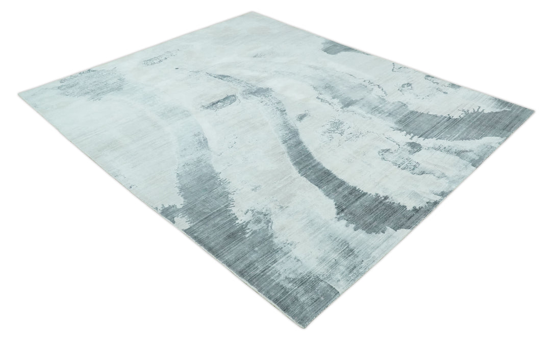 8x10 Silver, Ivory and Charcoal Modern Abstract Hand Loomed Art Silk Area Rug