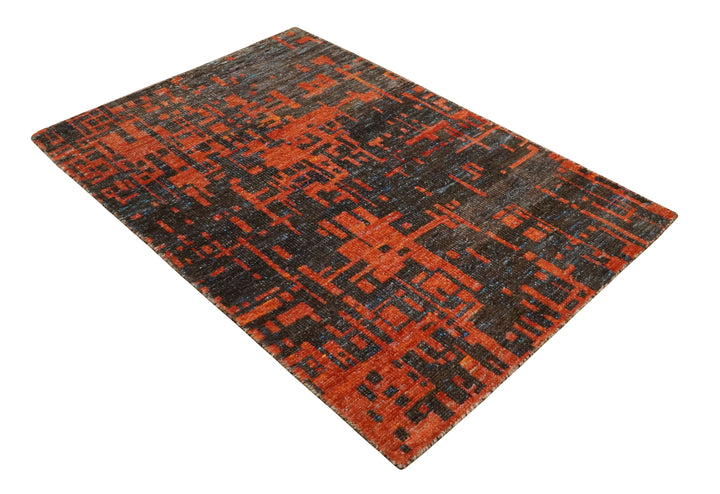 Hand Knotted 4x6 Rust and Charcoal Modern Abstract Contemporary Recycled Silk Area Rug | OP62