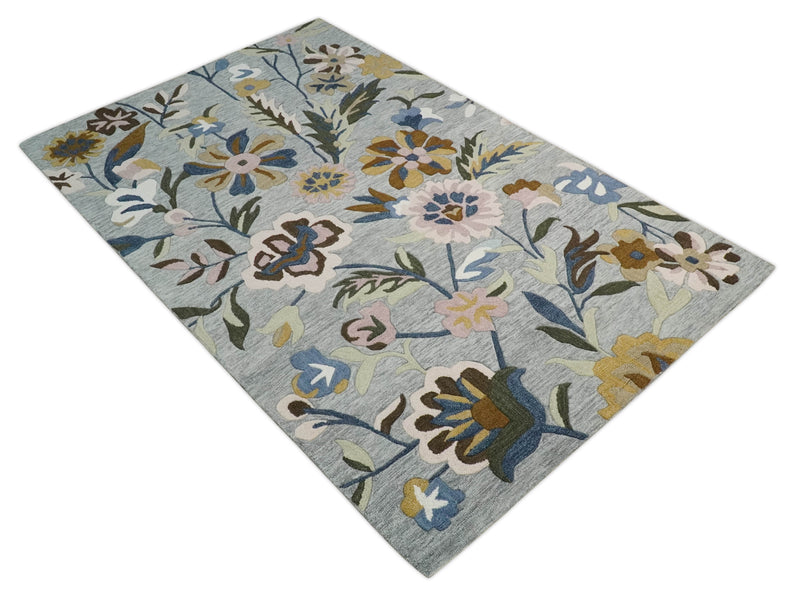 Multi Size Hand Hooked Gray Floral design Garden Style Wool Area Rug