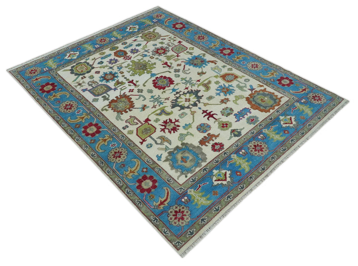 Fine Traditional Ivory and Blue Colorful Hand knotted Oushak Wool Area Rug