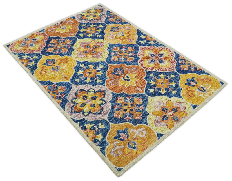 Vibrant 5x7 Hand Tufted Blue and Gold Modern Damask Oriental traditional Wool Area Rug | TRDMA41