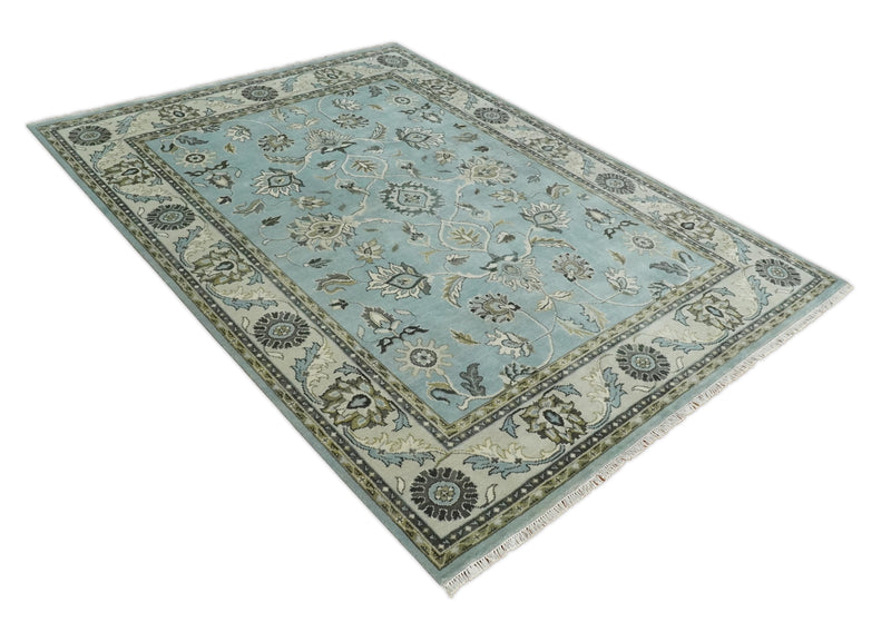 8x10 and 9x12 Antique Hand Knotted Blue and Ivory Traditional Vintage Persian Oushak Wool Rug | TRDCP998912