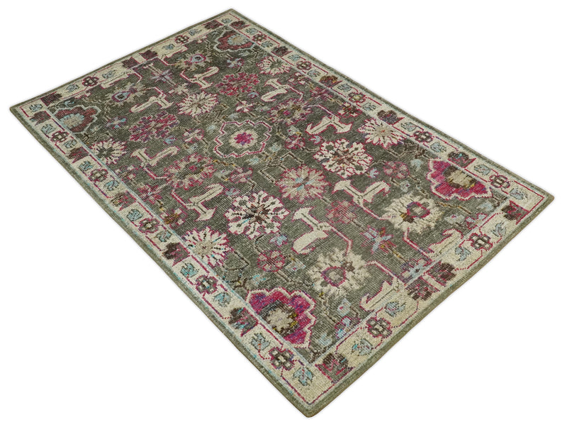 Antique Moss Green 5x8 Hand Knotted Beige and Pink Persian made of Bamboo Silk Area Rug | OP70