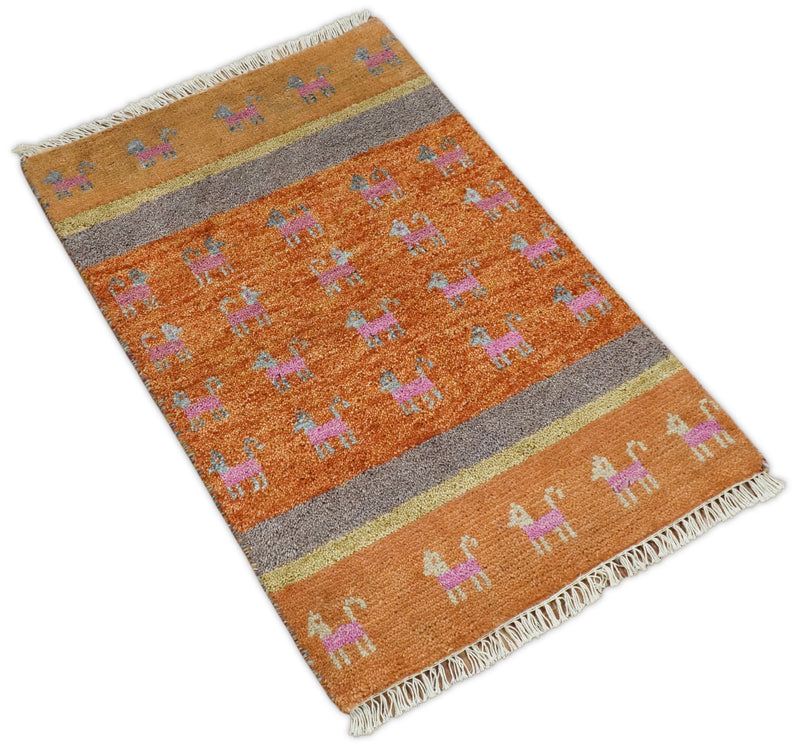 Small 2x3 Rust Gray Wool Hand Knotted traditional Persian Vintage Antique Southwestern Gabbeh | TRDCP36423