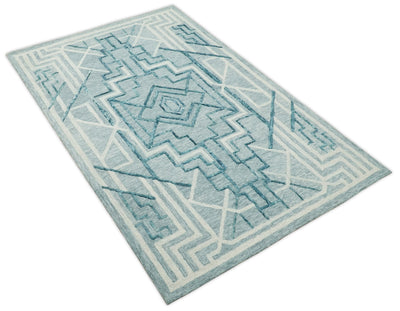 Hand Tufted Blue and Beige Modern Geometric Multi Size Wool Area Rug