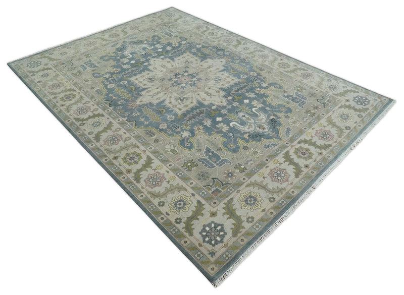 Hand Knotted 9x12 Ivory, Gray, Beige and Olive  Traditional Vintage Heriz Serapi Wool Rug | TRDCP1041912