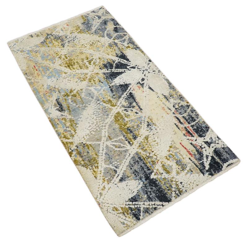 2x4 Hand Knotted Olive, Silver, Charcoal and Ivory with Wool and Art Silk | N7024