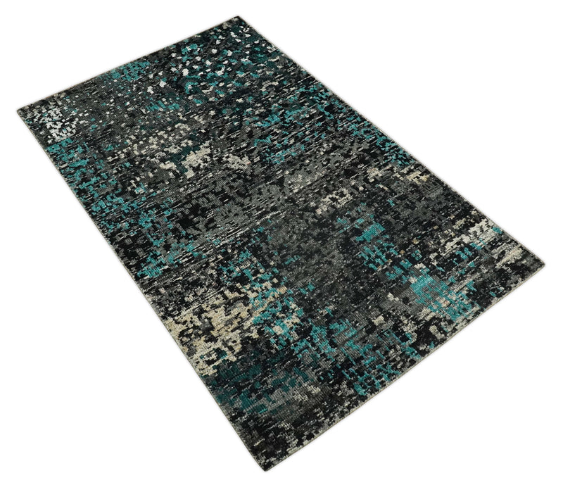 5x8 Hand Knotted Charcoal, Ivory and Blue Modern Abstract Contemporary Recycled Silk Area Rug | OP68