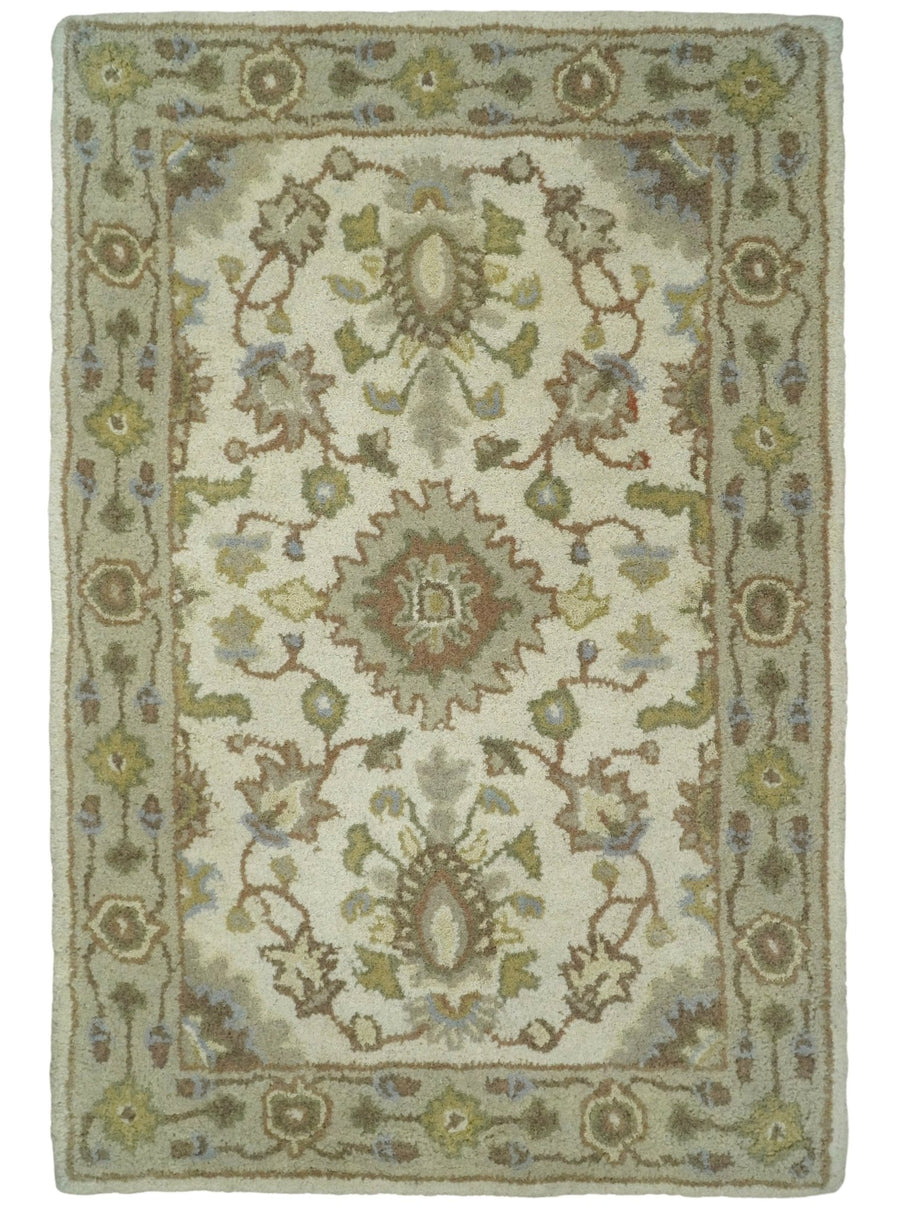 2x3 Brown and Beige Handmade Classic Vintage Design Wool Area Rug | TRDCP15723 - The Rug Decor