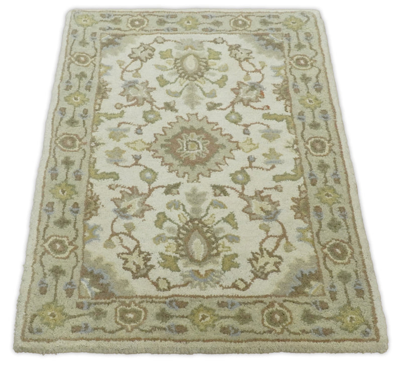 2x3 Brown and Beige Handmade Classic Vintage Design Wool Area Rug | TRDCP15723 - The Rug Decor