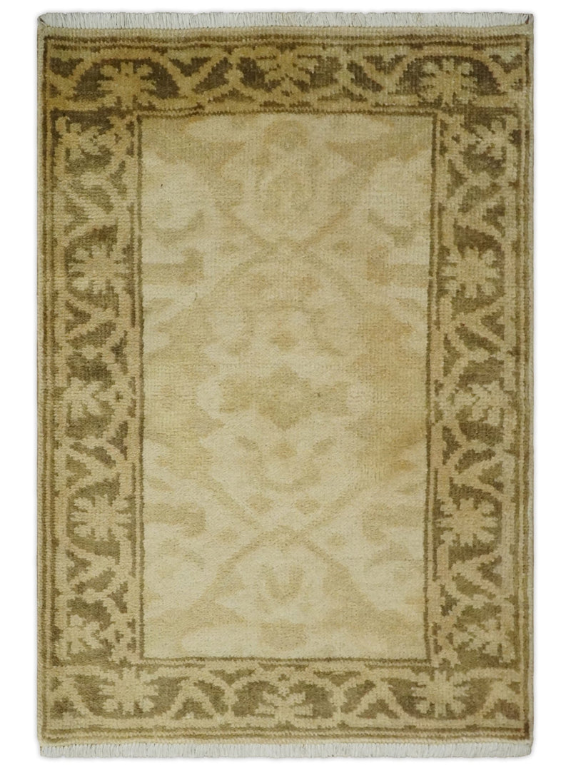 2x3 Hand Knotted Beige and Olive Traditional Persian Oushak Wool Rug | N323 - The Rug Decor