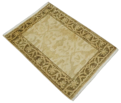 2x3 Hand Knotted Beige and Olive Traditional Persian Oushak Wool Rug | N323 - The Rug Decor