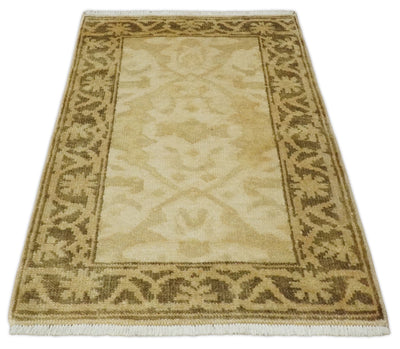 2x3 Hand Knotted Beige and Olive Traditional Persian Oushak Wool Rug | N323 - The Rug Decor