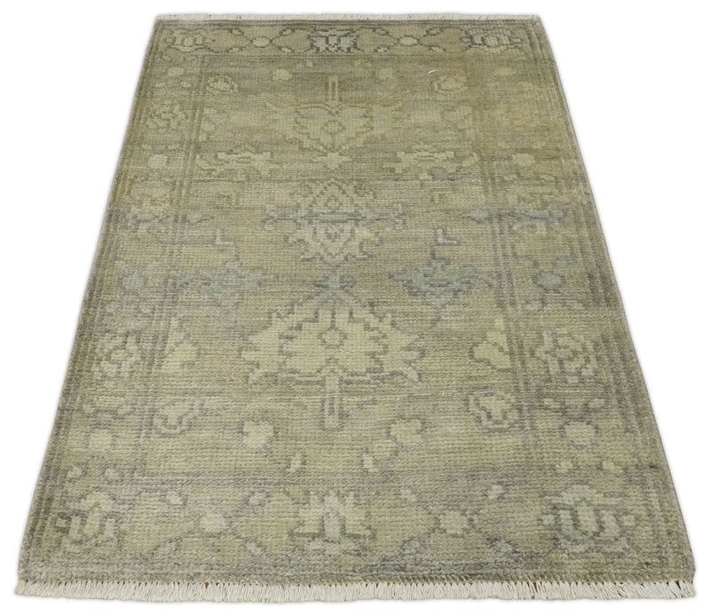 2x3 Hand Knotted Beige, Ivory and Charcoal Traditional Persian Oushak Wool Rug | N5823 - The Rug Decor