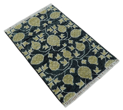 2x3 Hand Knotted Black and Beige Traditional Antique Style Wool Rug | TRDCP124623 - The Rug Decor