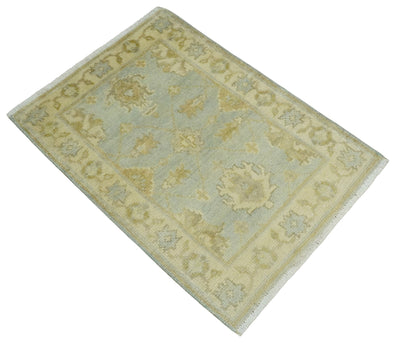 2x3 Hand Knotted Blue and Beige Traditional Persian Oushak Wool Rug | N2923 - The Rug Decor