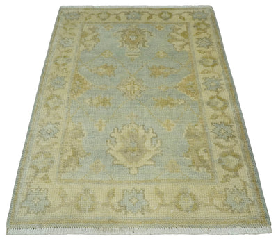 2x3 Hand Knotted Blue and Beige Traditional Persian Oushak Wool Rug | N2923 - The Rug Decor
