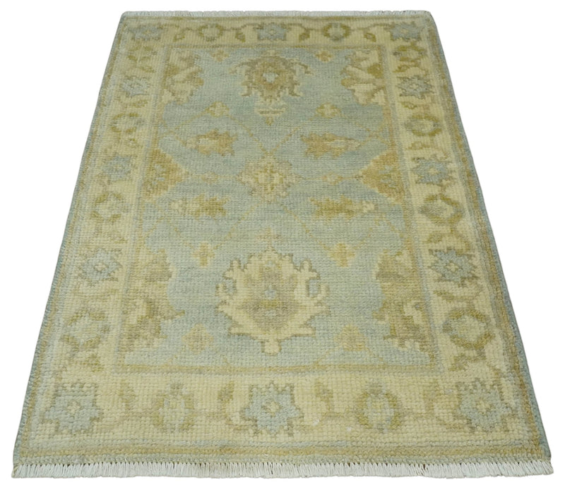 2x3 Hand Knotted Blue and Beige Traditional Persian Oushak Wool Rug | N2923 - The Rug Decor