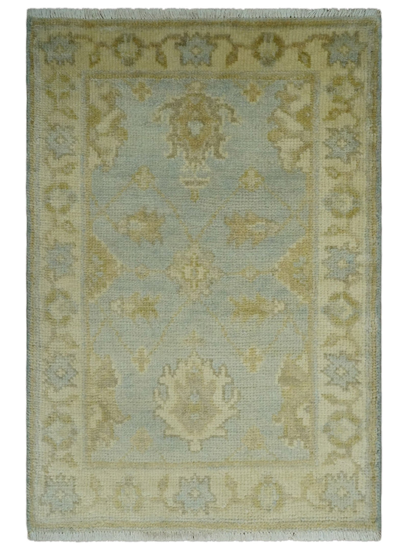 2x3 Hand Knotted Blue and Beige Traditional Persian Oushak Wool Rug | N2923 - The Rug Decor