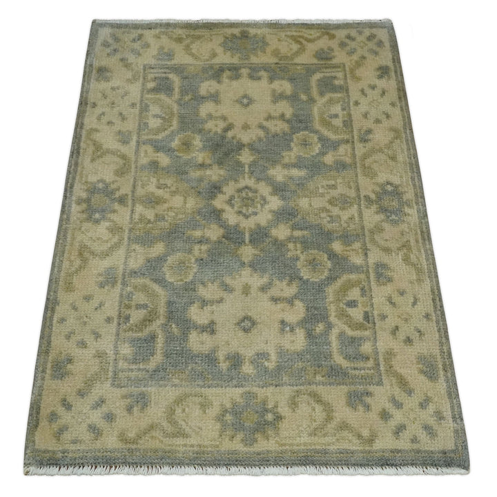 2x3 Hand Knotted Gray and Beige Traditional Persian Oushak Wool Rug | N7223 - The Rug Decor