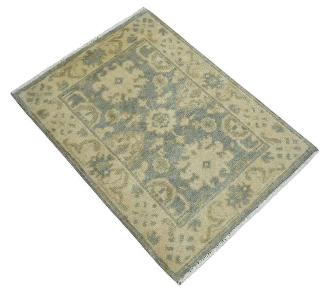 2x3 Hand Knotted Gray and Beige Traditional Persian Oushak Wool Rug | N7223 - The Rug Decor