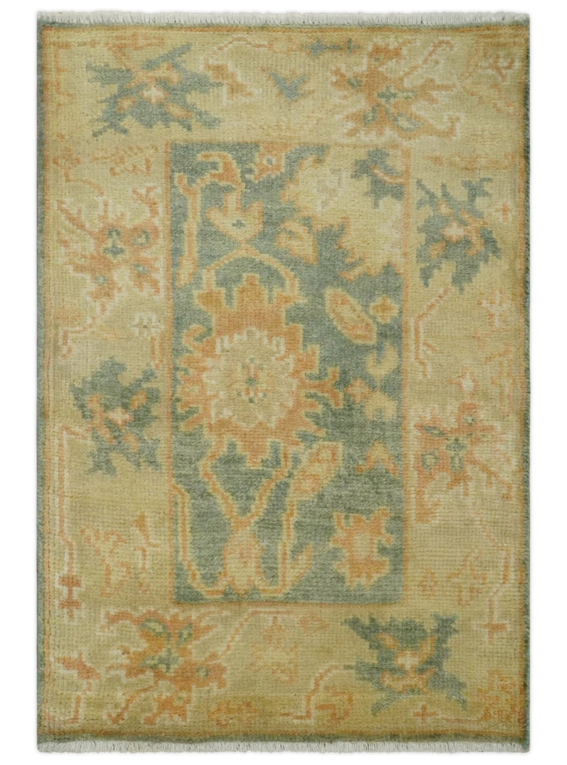 2x3 Hand Knotted Gray, Beige and Gold Traditional Persian Oushak Wool Rug | N4223 - The Rug Decor