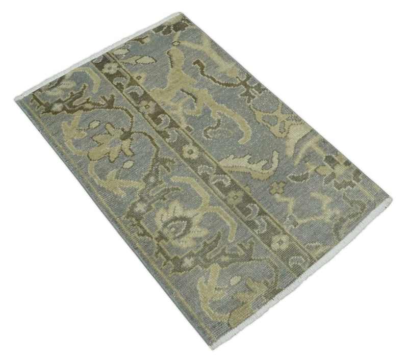 2x3 Hand Knotted Gray, Beige and Olive Traditional Persian Oushak Wool Rug | N5123 - The Rug Decor