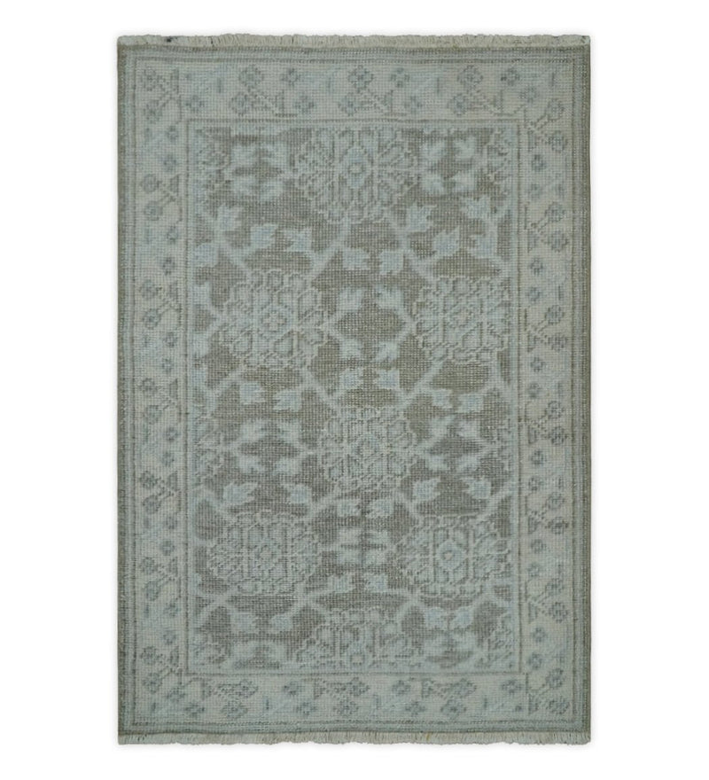 2x3 Hand Knotted Gray, Ivory and Silver Traditional Persian Oushak Wool Rug | N6323 - The Rug Decor