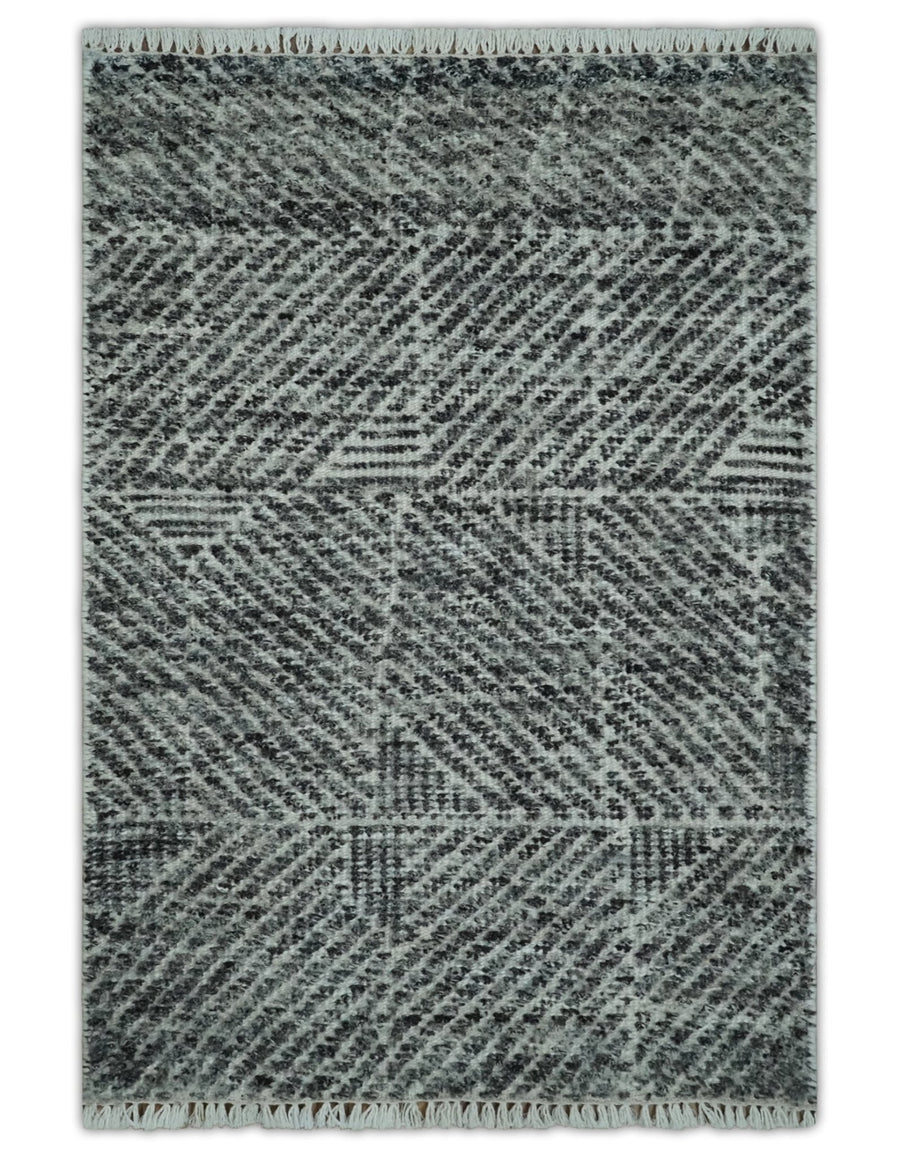 2x3 Hand Knotted Ivory and Charcoal Geometrical Design Wool Area Rug - The Rug Decor