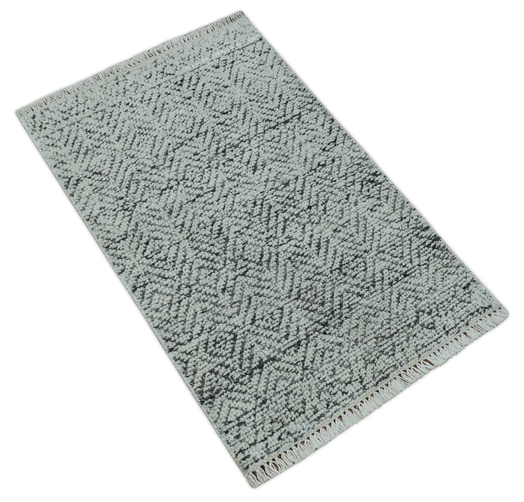2x3 Hand Knotted Ivory and Charcoal Stripes Tribal Pattern Wool Rug - The Rug Decor