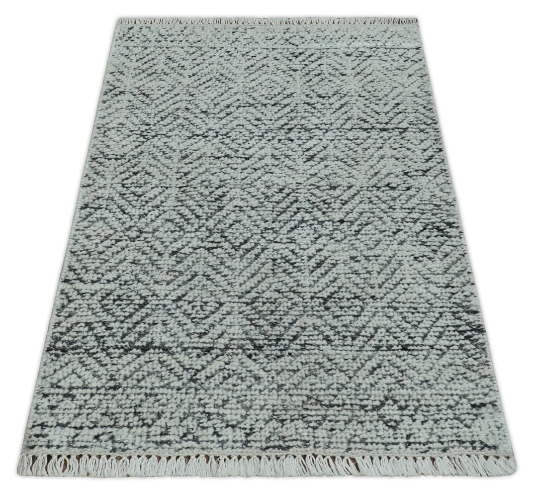 2x3 Hand Knotted Ivory and Charcoal Stripes Tribal Pattern Wool Rug - The Rug Decor
