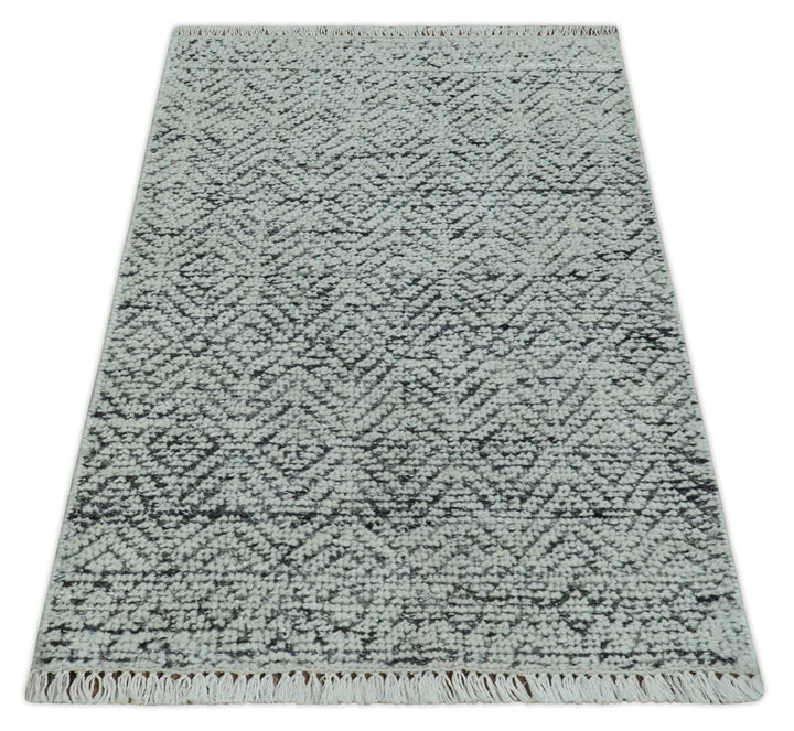 2x3 Hand Knotted Ivory and Charcoal Stripes Tribal Pattern Wool Rug - The Rug Decor
