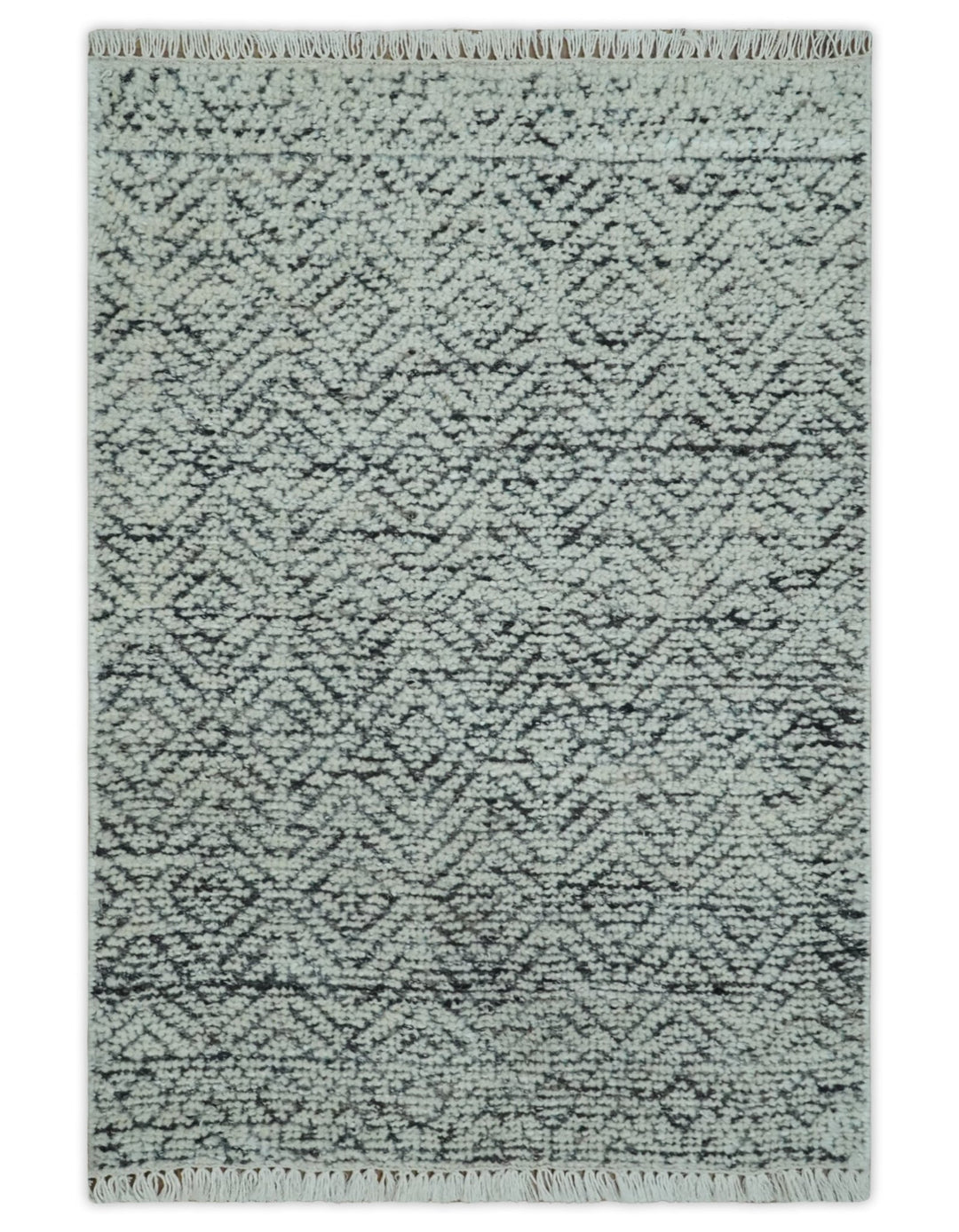 2x3 Hand Knotted Ivory and Charcoal Stripes Tribal Pattern Wool Rug - The Rug Decor