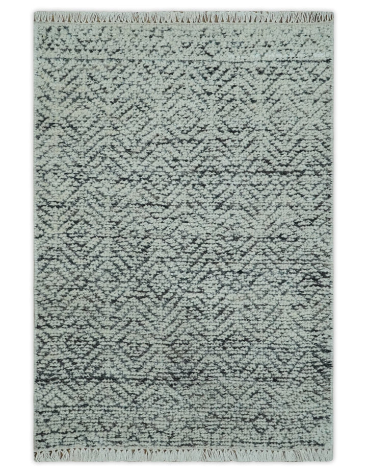 2x3 Hand Knotted Ivory and Charcoal Stripes Tribal Pattern Wool Rug - The Rug Decor