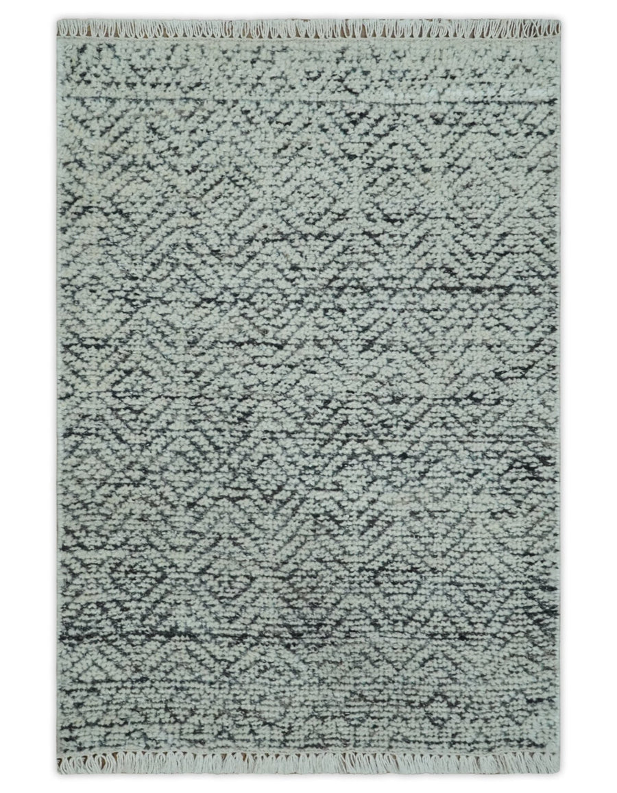 2x3 Hand Knotted Ivory and Charcoal Stripes Tribal Pattern Wool Rug - The Rug Decor