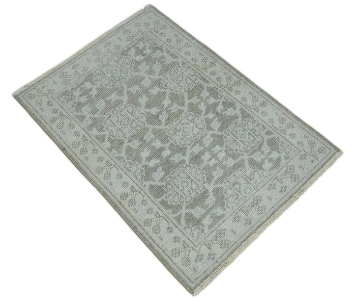 2x3 Hand Knotted Ivory and Gray Traditional Persian Oushak Wool Rug | N2623 - The Rug Decor