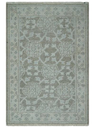 2x3 Hand Knotted Ivory and Gray Traditional Persian Oushak Wool Rug | N2623 - The Rug Decor