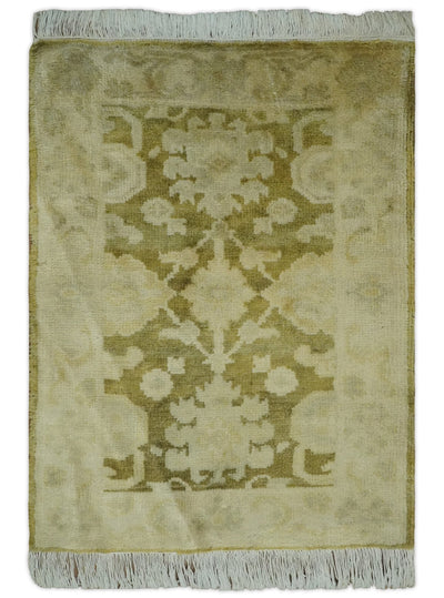 2x3 Hand Knotted Olive, Beige and Gray Traditional Persian Oushak Wool Rug | N3623 - The Rug Decor