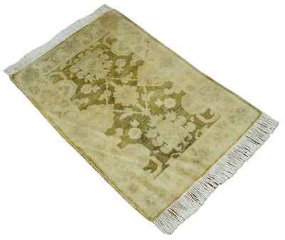 2x3 Hand Knotted Olive, Beige and Gray Traditional Persian Oushak Wool Rug | N3623 - The Rug Decor